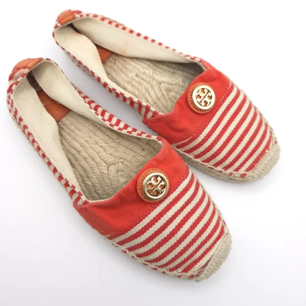 Tory Burch Striped Canvas Espadrilles Red Cream Logo‎ Round Toe Flat Shoes 8